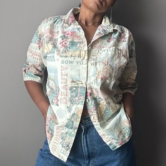 Vintage Farm Print Button Up Shirt Tan Pink Cottagecore Women’s Size Large - Picture 1 of 8